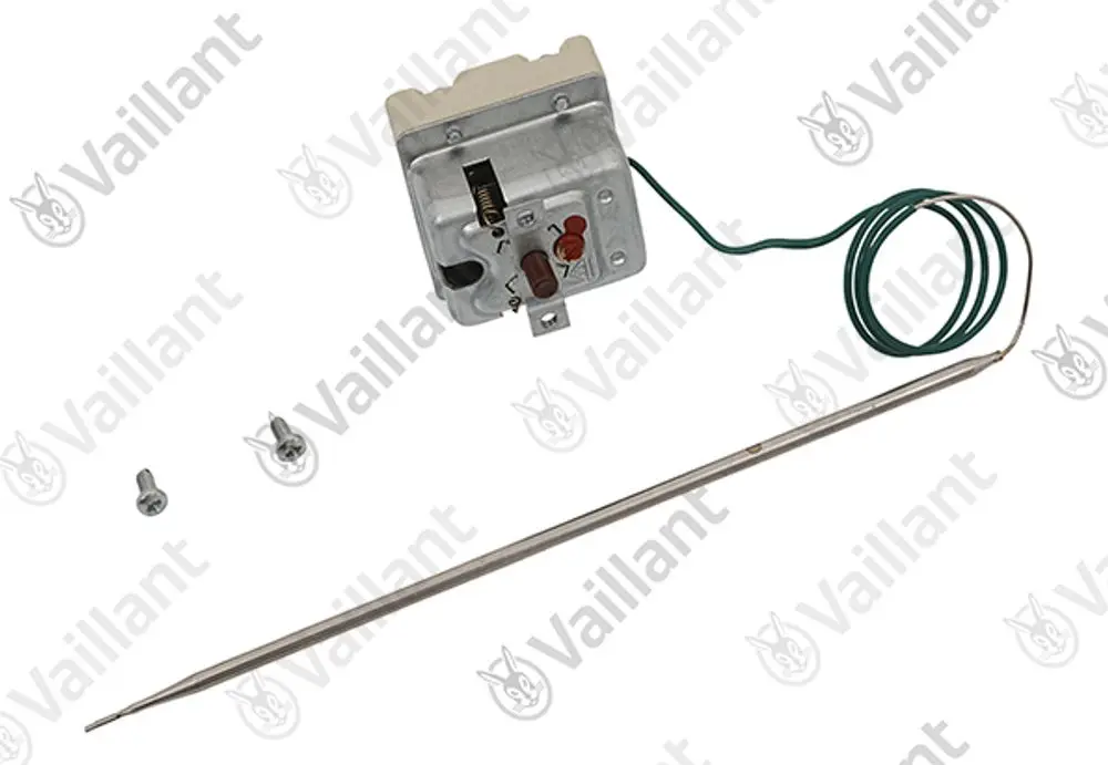Vaillant Temperaturwächter mit einer Metallsonde und Kabelanschluss, montiert auf einem Metallgehäuse, begleitet von zwei Schrauben.